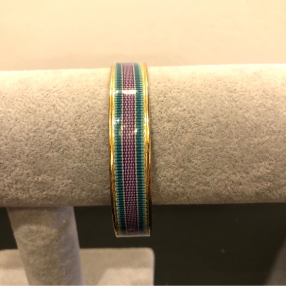 Gerard Yosca Bangle Bracelet, gold tone w/ grosgrain ribbon inlay purple & green - Picture 1 of 11